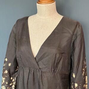 Gold Hawk Silk Floral Dress | Size Med | Brown V-Neck 3/4 Sleeve Boho Slip Midi